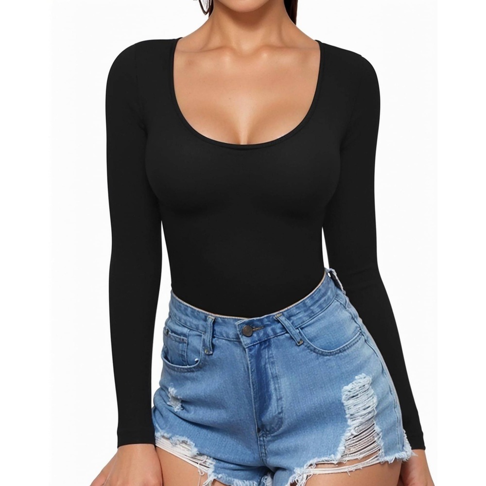 Mangopop Collection Black Long Sleeve Scoop Neck Bodysuit Women's Size Large